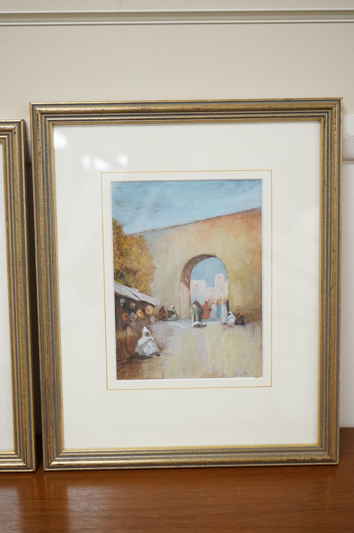 Dudley Hardy ROI RBA (1867-1922), pair of Orientalist watercolour and mixed medias, Street scenes, one with sketch attributed to Edward Lear verso, each signed, 19 x 14cm